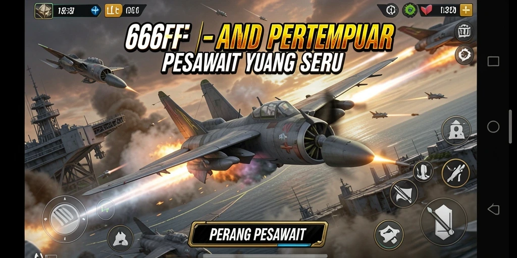 Antarmuka permainan 666FF dengan pertarungan pesawat yang intens.