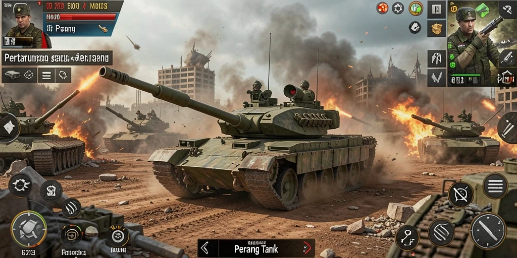 Screenshot D73 menampilkan antarmuka pertempuran tank yang realistis.