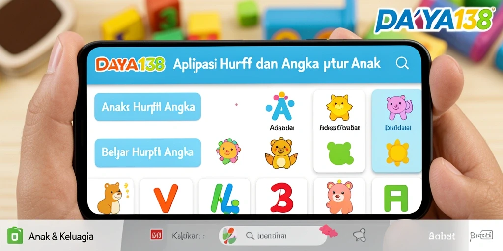 Tampilan antarmuka aplikasi DAYA138 untuk belajar huruf dan angka.