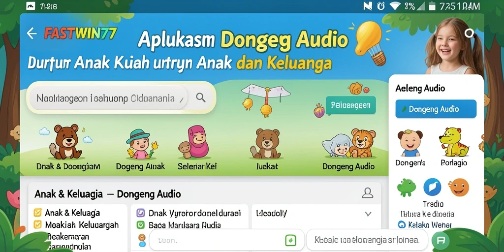 Antarmuka aplikasi FASTWIN77 yang menarik dan mudah digunakan untuk dongeng audio.