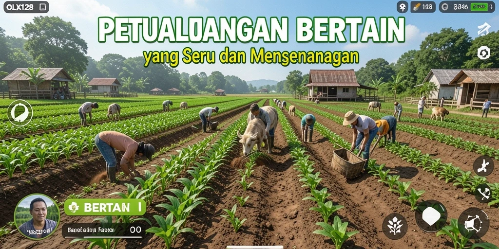 Tampilan antarmuka OLX128 dengan lahan pertanian yang luas dan tanaman berwarna-warni.